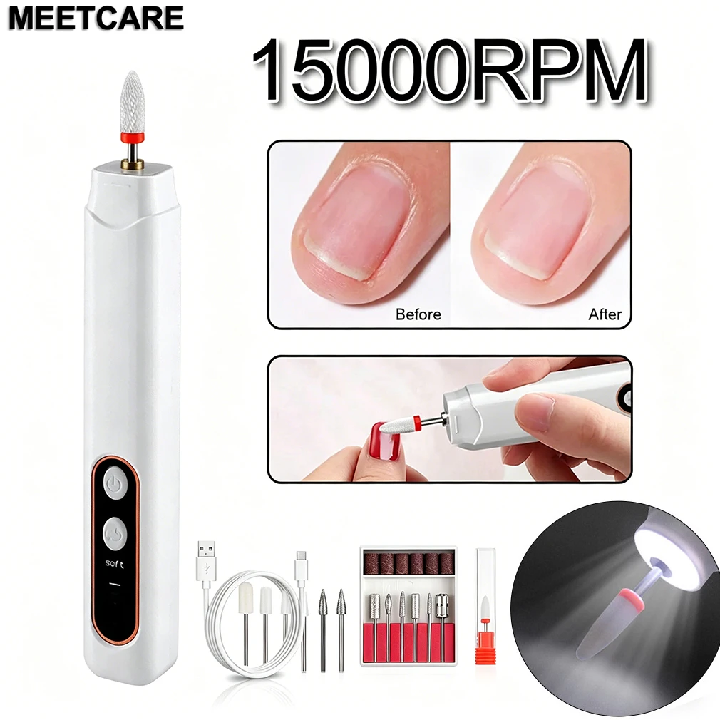 

Electric Nail Drill with Light with 3 Gear Adjust 15000RPM Manicure Cutter Nail Repair Pedicure Milling Cutter Polisher Sander