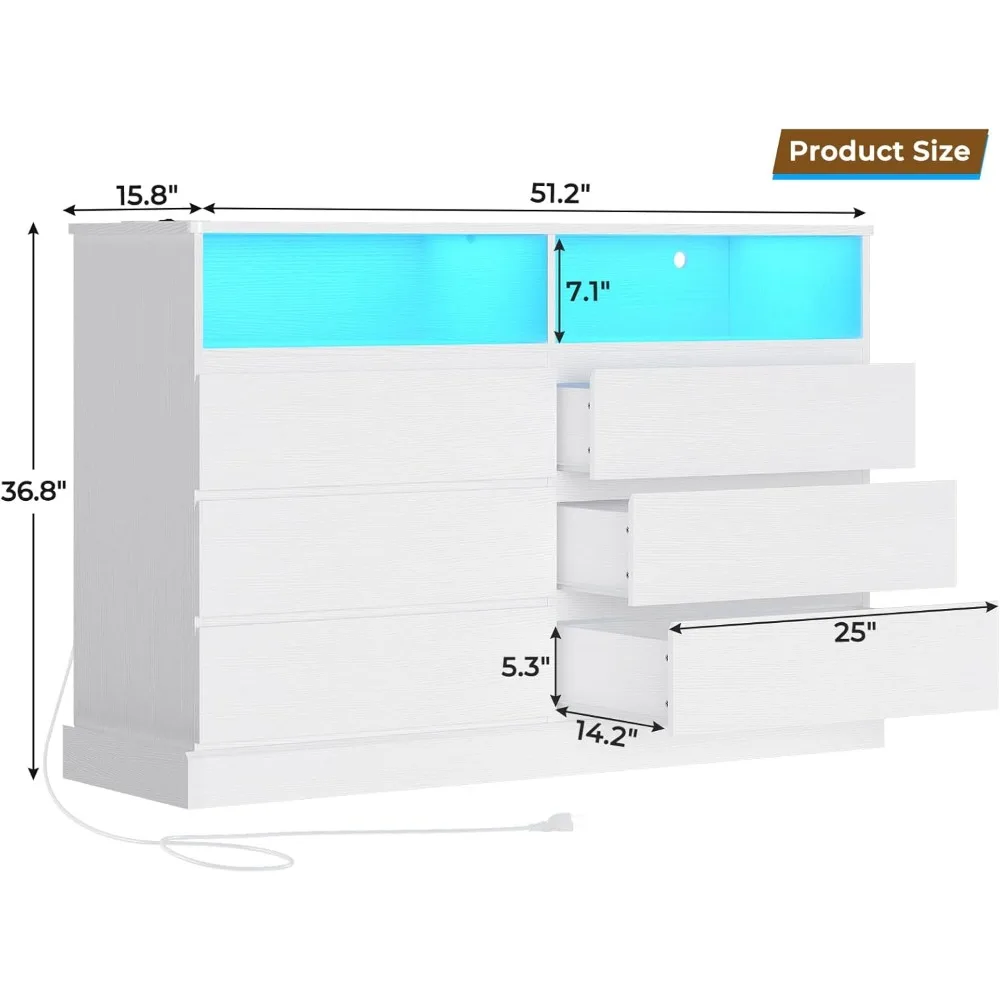 Dresser for Bedroom with LED Lights and Charging Station, 51.2