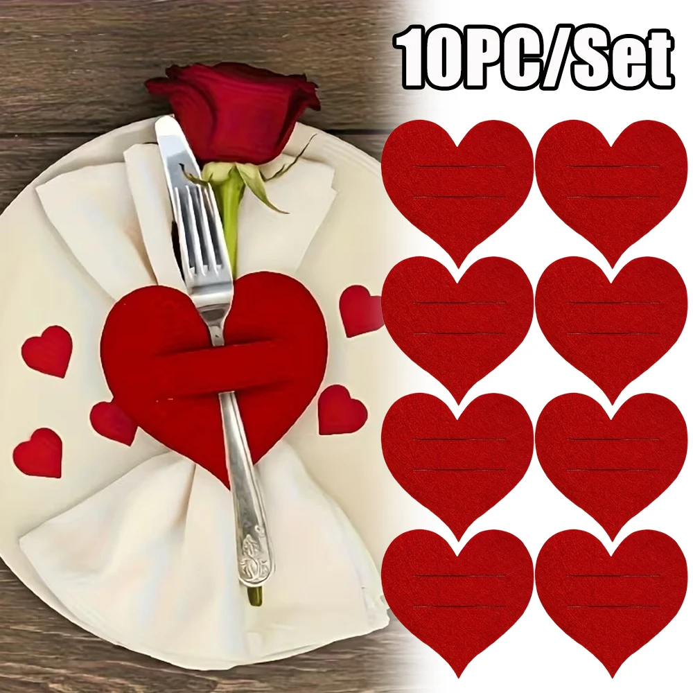 Valentine Heart Shaped Flatware Holders Red Love Theme Felt Utensil Covers for Romantic Dinner Table Party Decor Supplies