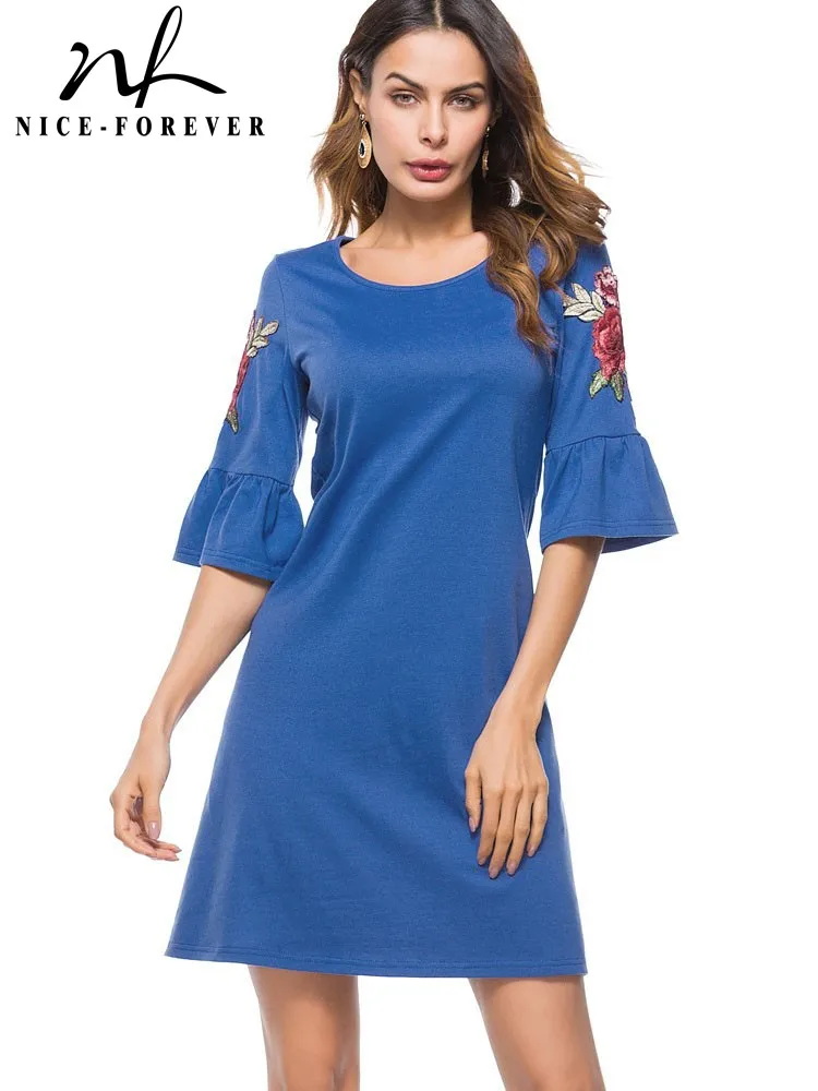 Nice-forever Autumn Women Elegant Rose Patchwork Pure Color Dresses Casual Loose Shift Dress T019