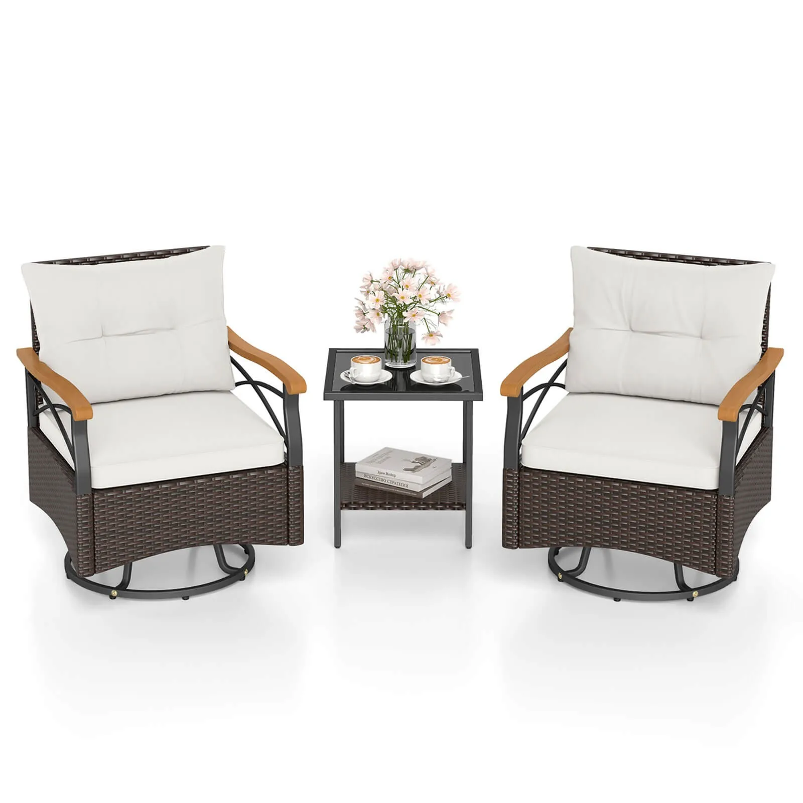 

3 PCS Outdoor Swivel Chair Set w/ 2-Tier Tempered Glass Side Table Cushions