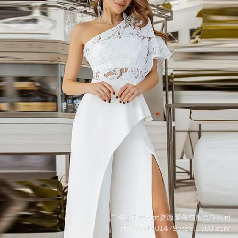 Stitching Rompers Jumpsuit Irregular Slit Hemline Y2K One-Shoulder Elegant Jumpsuits Women Off-Shoulder Lace At Hem Jumpsuit