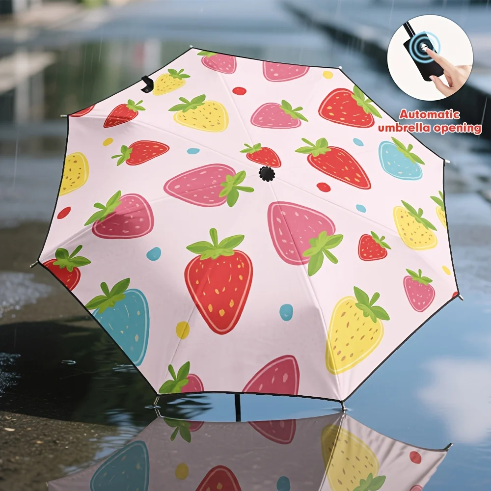 

1pc Automatic Open/Close Strawberry Umbrella with Auto-Opening Button, 8-Rib Windproof Frame, Cute Pink Strawberry & Heart Pat