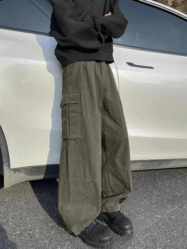 

Retro Japanese Sle Men's Loose Casual Straight Leg Work Trousers Multi-ket Functional Spring Autumn Trendy Long Pants