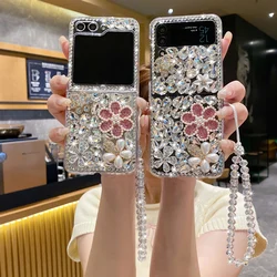 Z Flip7 Bling Pink Pearl Flower Silver Diamond Glitter Case For Samsung Galaxy Z Flip 6 Z Flip 5 4 Luxury Crystal Strap Cover