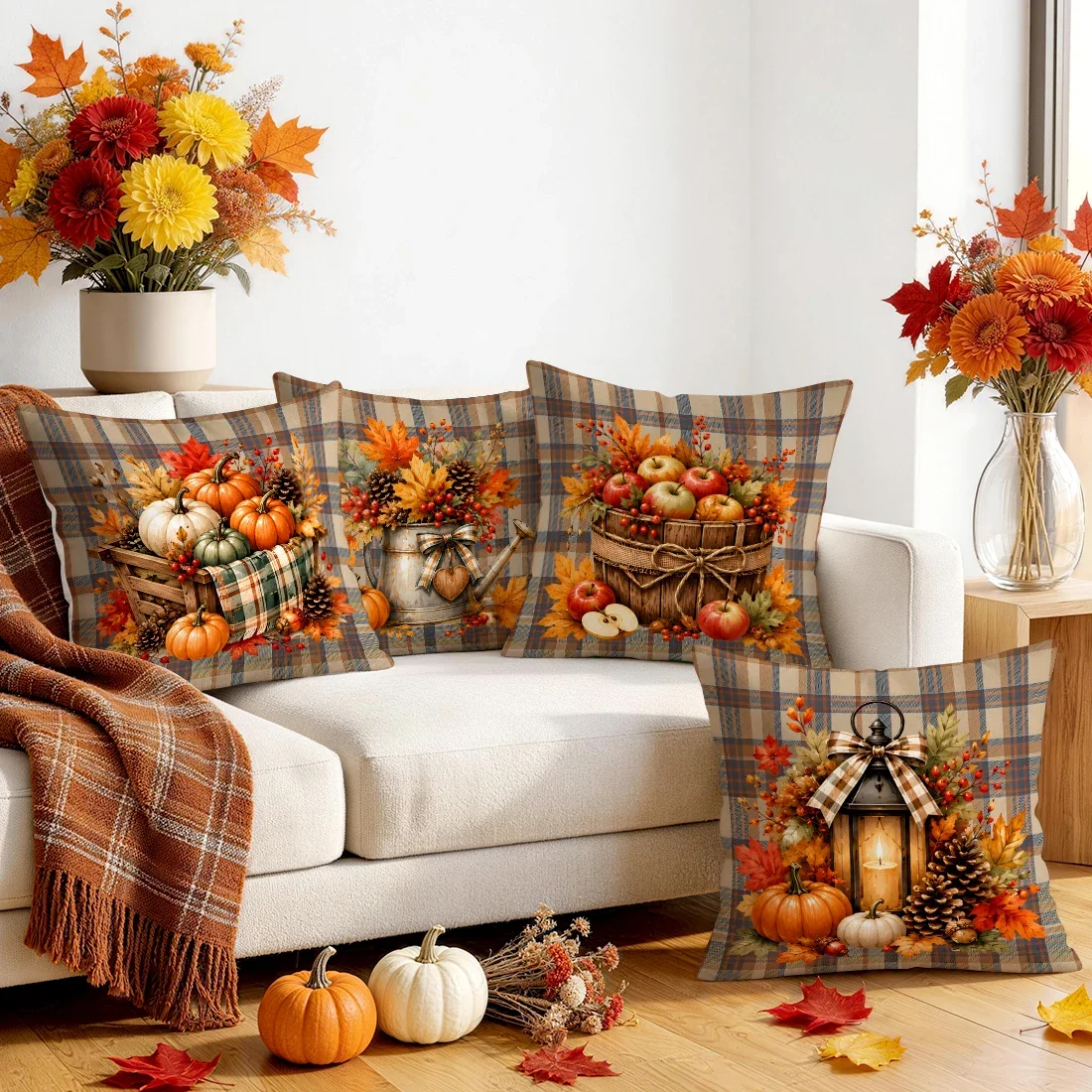 Retro Plaid Autumn Harvest Pumpkin Cushions Pillowcase Polyester Cushion Cover Throw Pillow Pillowcover Home Car Sofa Decor