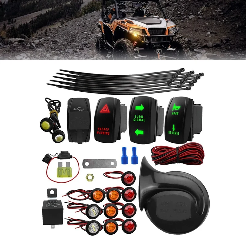 Universal ATV UTV Turn Signal Horn Kit,2 Ports USB Relay Horn Fuse Wire Reverse Light Flasher Blinker Kit