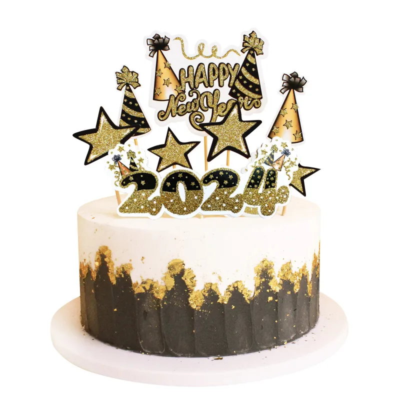 

2024 Happy New Year Cake Topper Flags Merry Christmas Stars With Hat Xmas New Year's Home Party Baking Decor DIY Supplies New