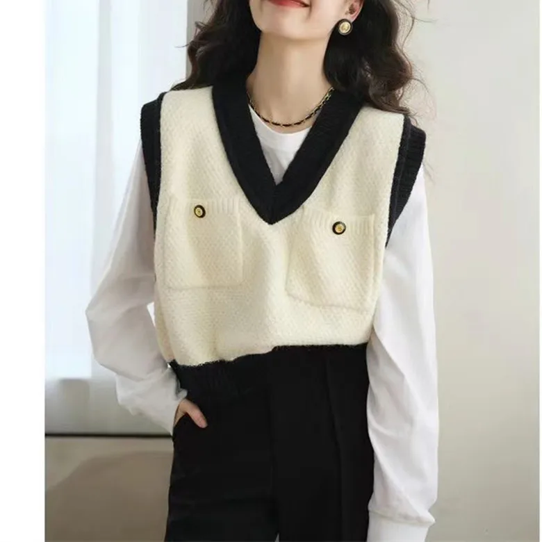 

Sweater Vest Women Loose V-neck Mature Temper Soft Vintage Office Lady All-match Autumn knitwear Desgined Fashion Elegant E1238