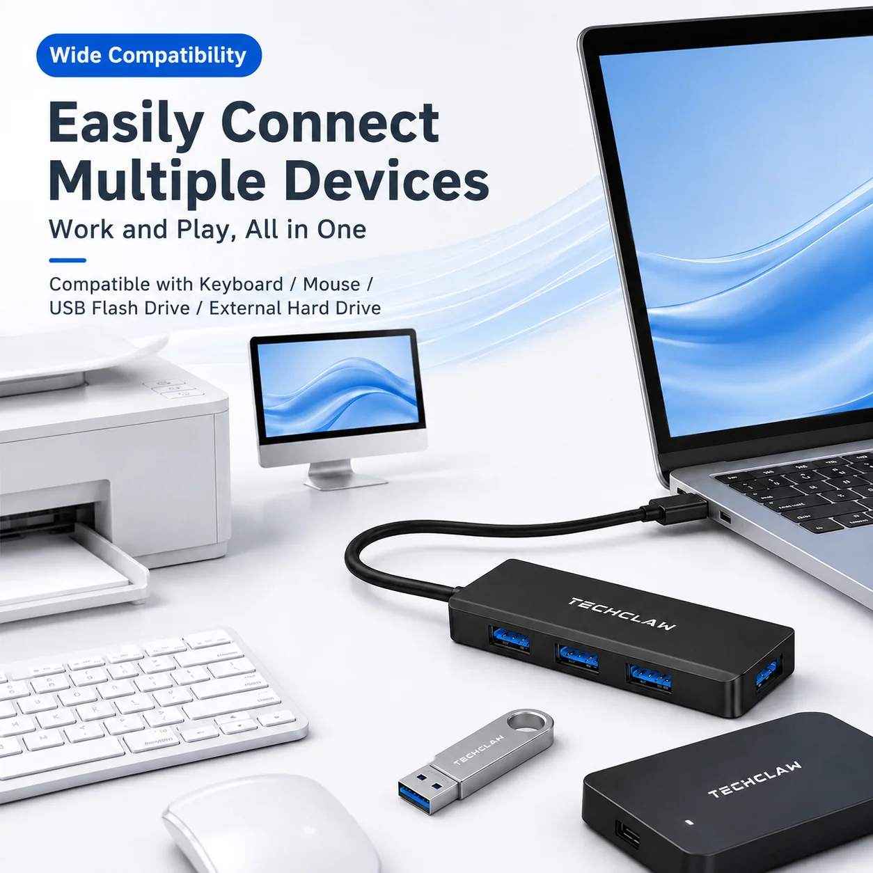 TECHCLAW Hub USB 3.2 z 4 portami USB-A, rozdzielacz USB o szybkości 5 Gbps, przenośny wieloportowy ekspander USB do laptopów i komputerów PC — zdjęcie produktu 2