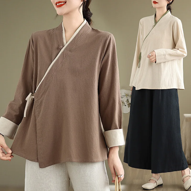 

New Tang Dynasty Clothing Women's Chinese Style Top Cotton and Linen Tea Artist Clothing Long Sleeve Autumn