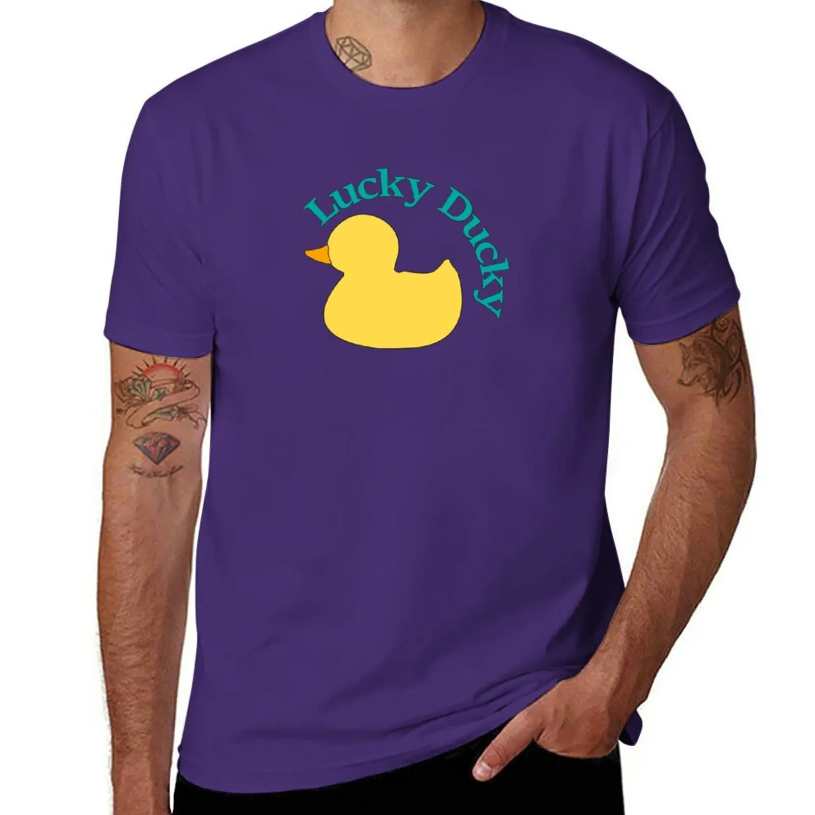 New Cute Lucky Rubber Ducky Duck - Yellow with Teal Text T-Shirt quick drying t-shirt plus size tops mens t shirt