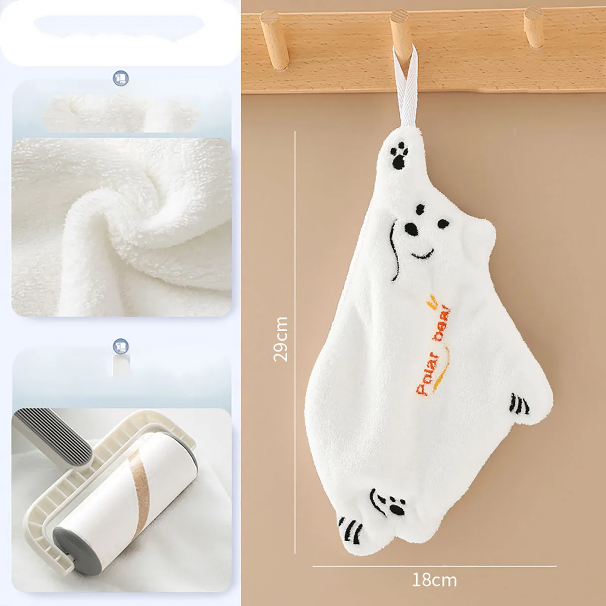 1Pc Soft Cute Cartoon Shaped Hand Wipe Polar Bear Quick Dry Hanging Towel Handkerchief Kitchen Household Coral Velvet Towel