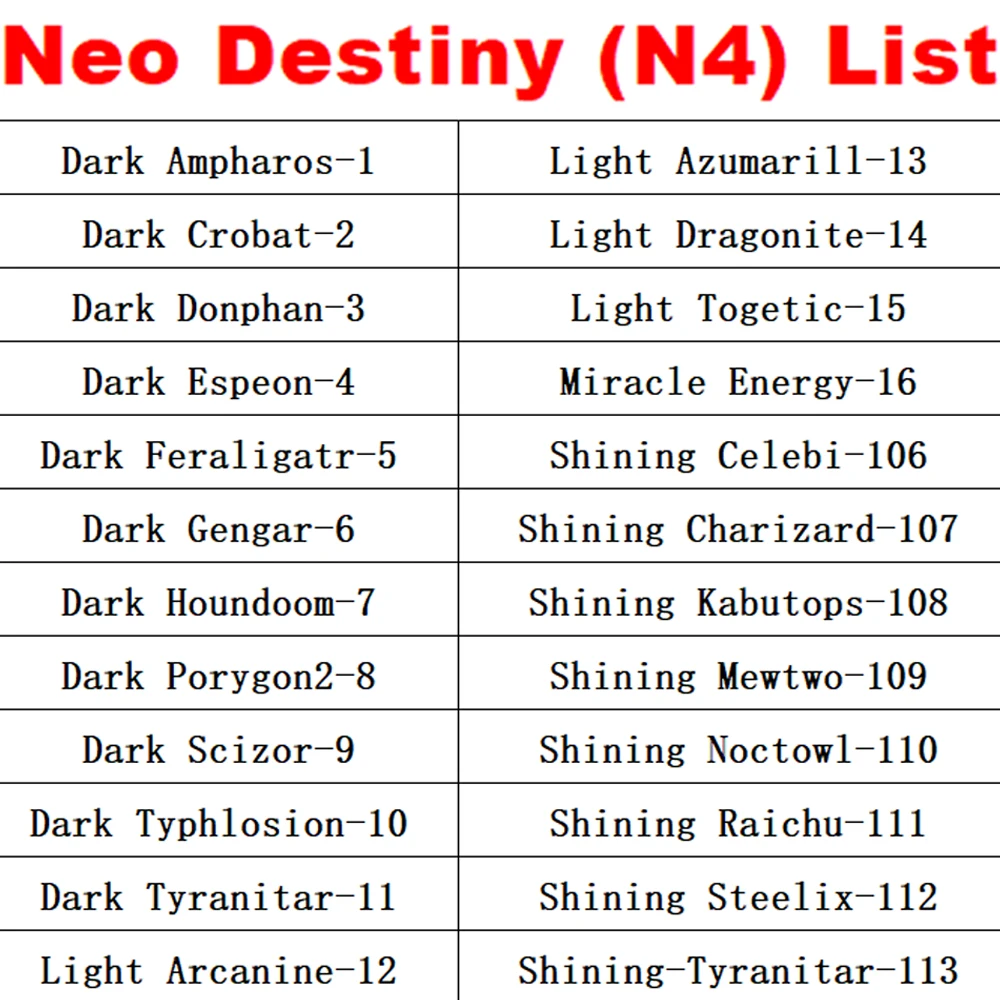 24PCS/set PKM Proxy Game Cards Neo Destiny (N4)Whole Set 1-16/106-113 Number Foil Cards Shining Celebi Shining Charizard Mewtwo