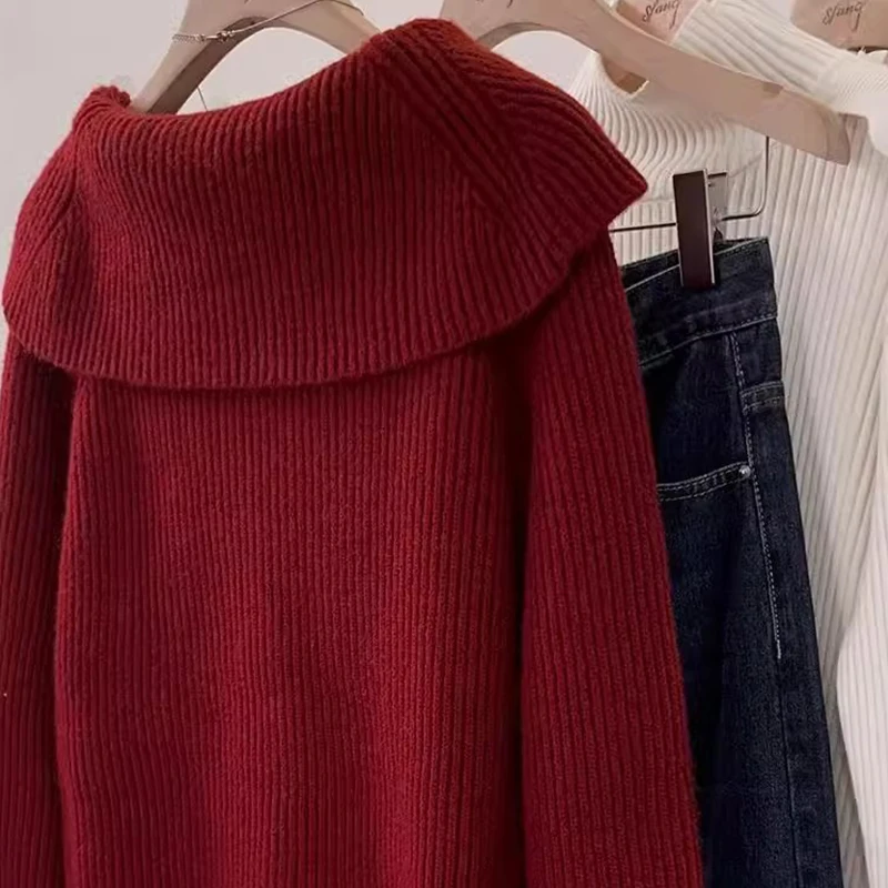 Красный темно-синий свитер с воротником, женский зимний новый Sle Lazy Faion, мягкий уютный вязаный топ, длинный длинный свитер из полиэфирного волокна...