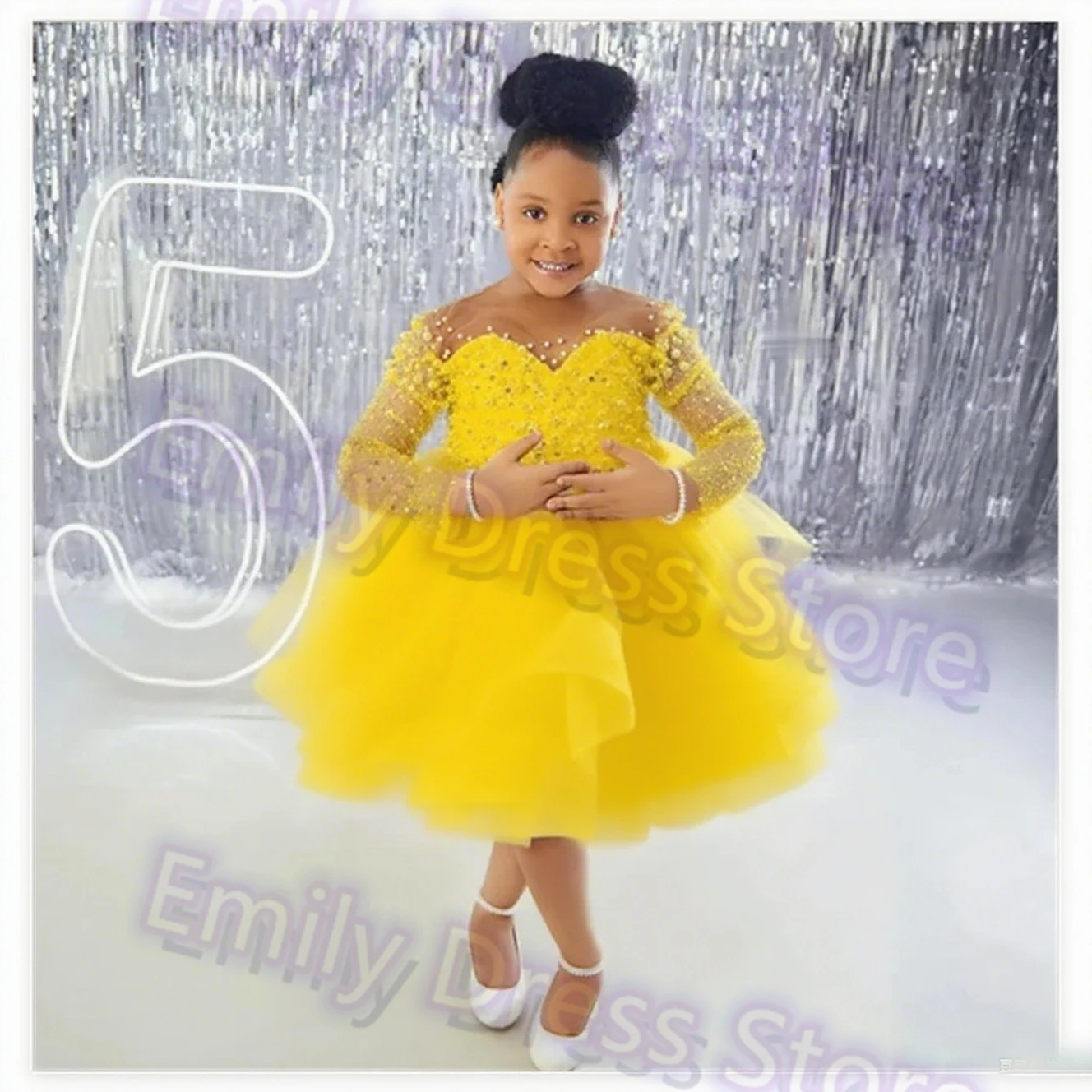 Customized Yellow Flower Girl Dress For Wedding Tulle Beaded Pearls Cute Puffy Kids Birthday First Communion 2025 Ball Gown