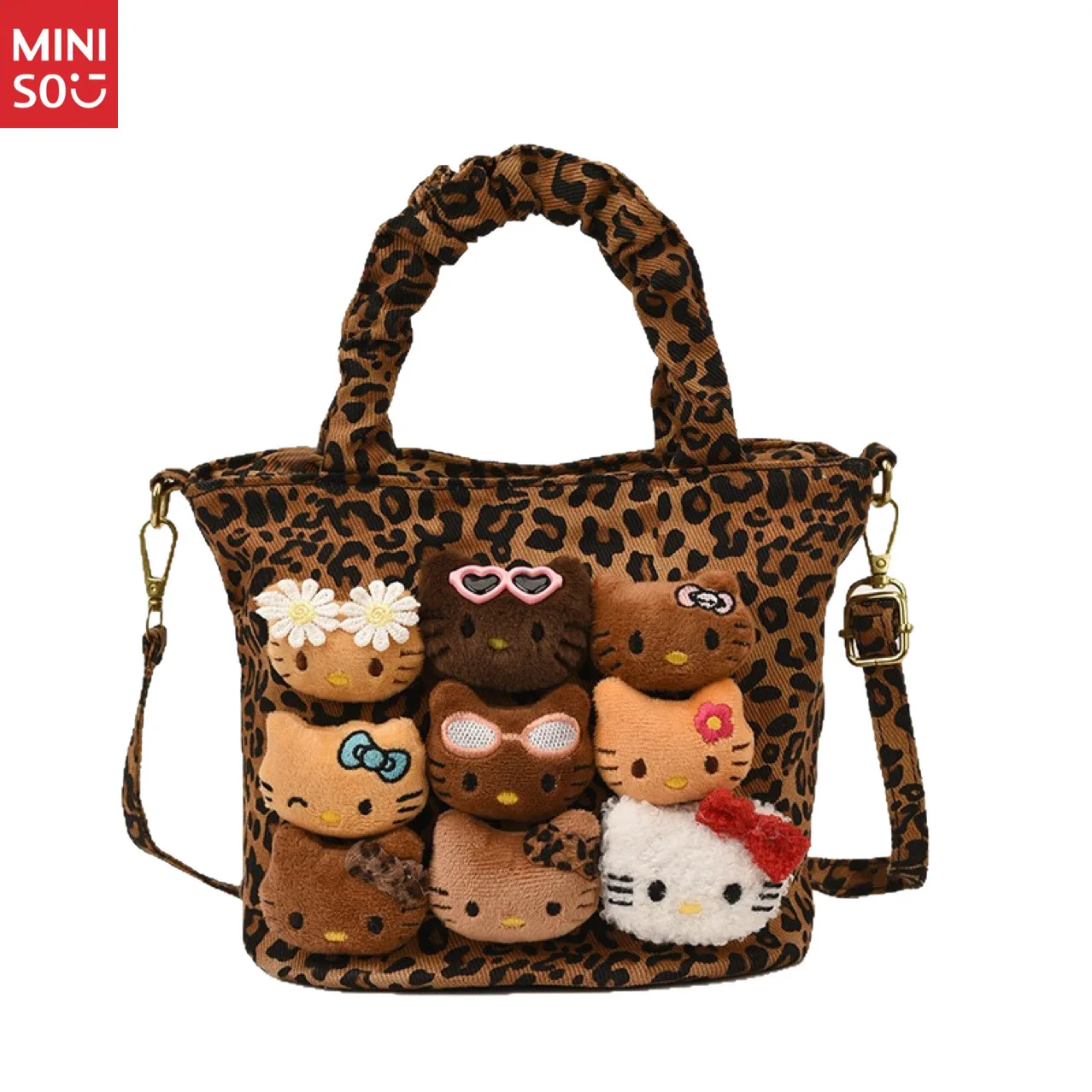 Miniso 2025 Black Hello Kitty Tote Bag, Canvas Bucket Purse with Leopard Print & Plush Toy