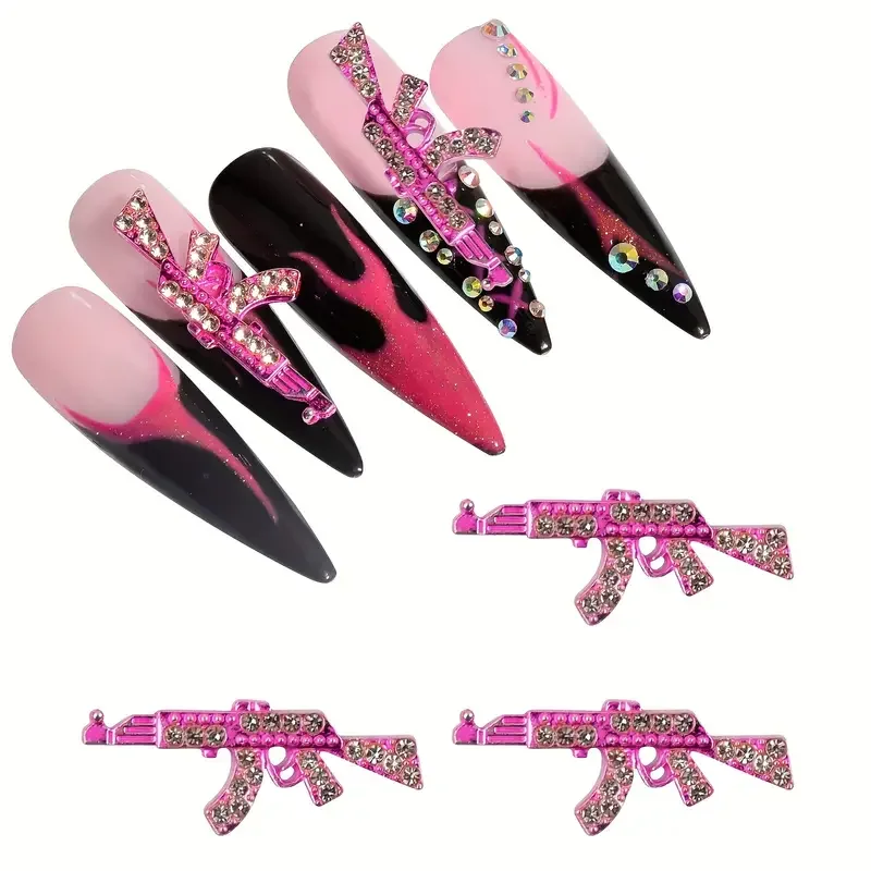 5 sztuk różowego pistoletu ze stopu 3D do zdobienia paznokci z kryształki górskie, luksusową akcesoria do paznokci w kształcie pistoletu do DIY lub Salon paznokci