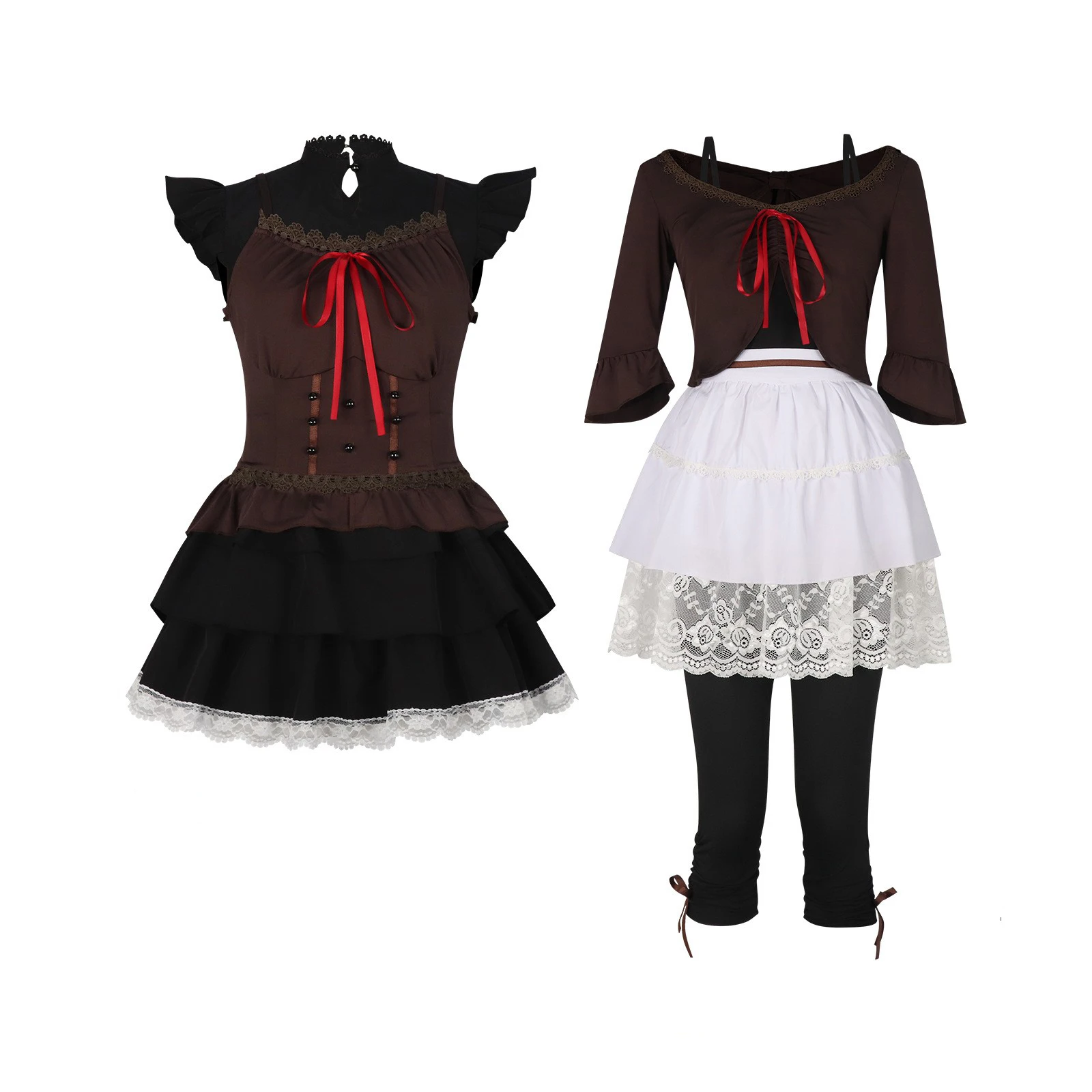 Crimson Butterfly Amakura Mayu Cosplay-Kostüm für Damen, braunes Sling-Korsett-Oberteil, schwarzer Spitzen-Minirock, Gothic-Horror-Spiel Hallo