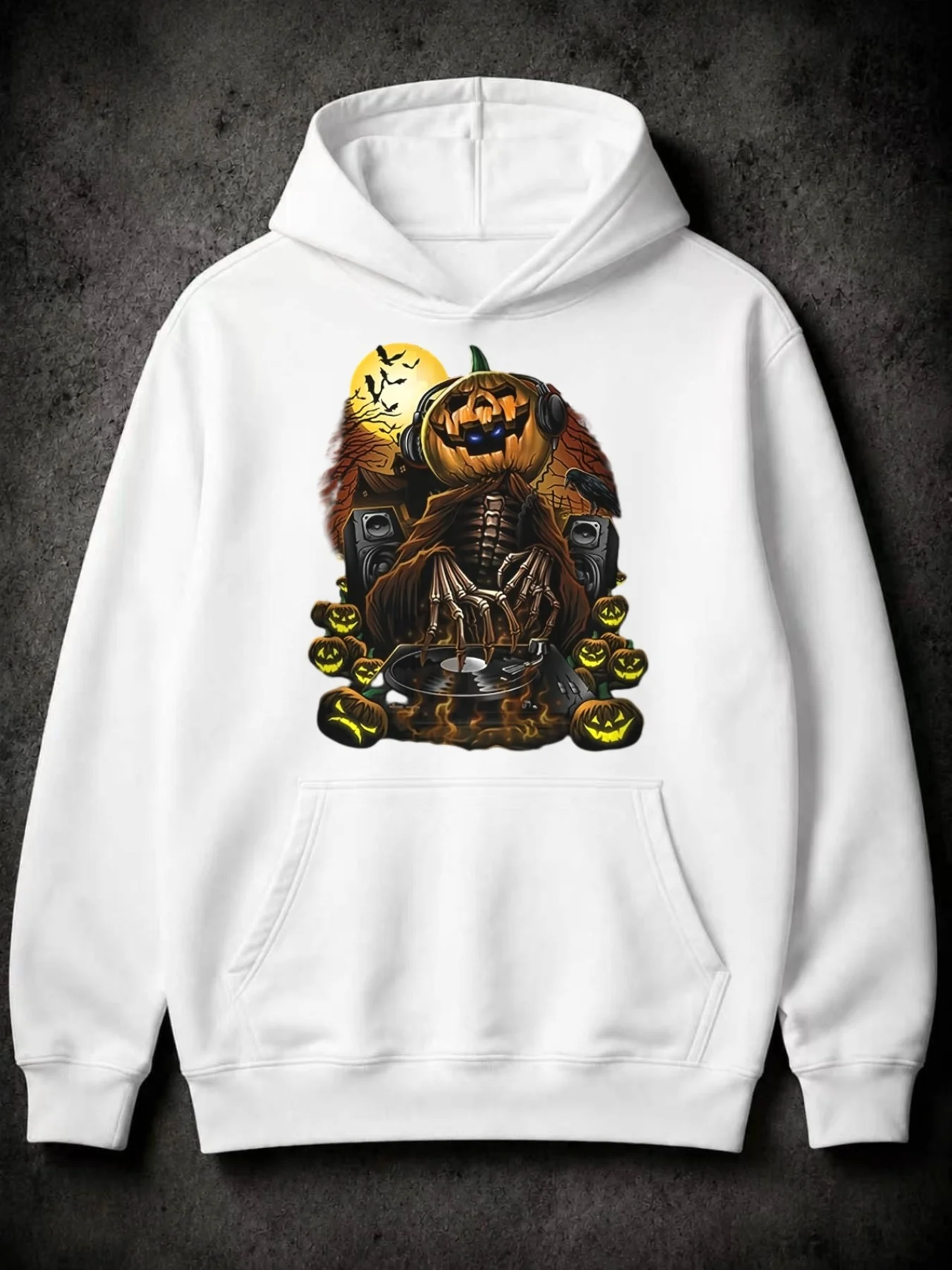 Halloween Gothic Style, Men'S Hoodie, Skeleton DJ with Pumpkin Head And Turntable, Autumn Festival Party, Gift for Music Lovers And Horror Fans