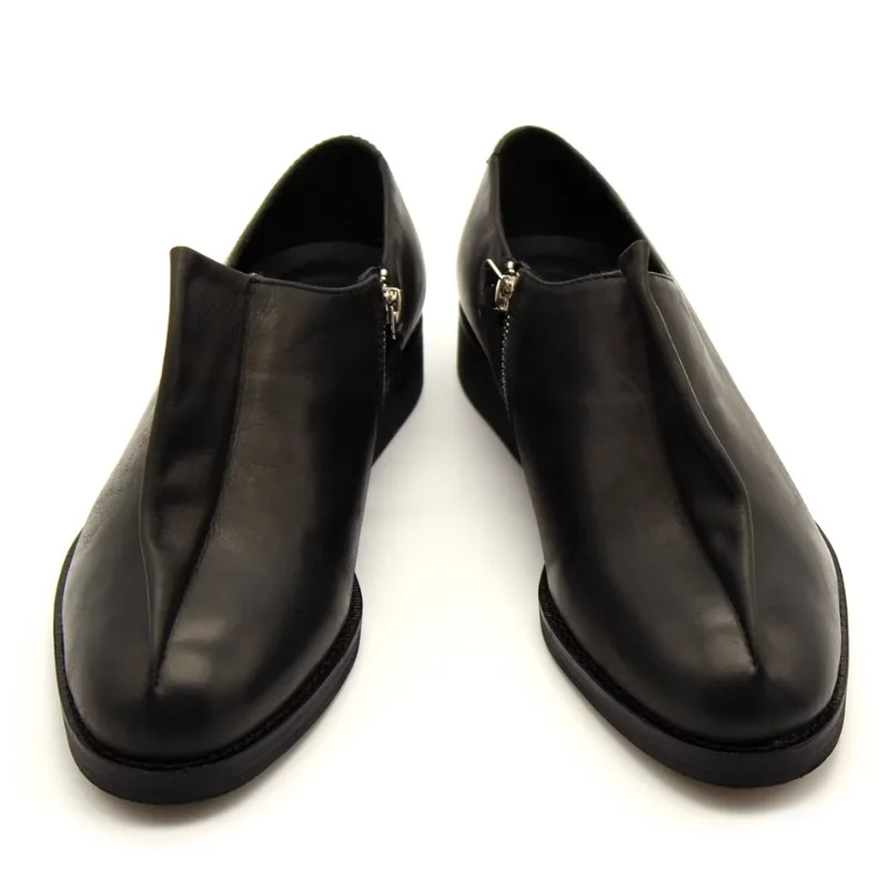 Men Black Distressed Leather Side Zip Loafers Irregular Folded Upper Minimalist Avant-garde Dress Shoes Artistic Street Style