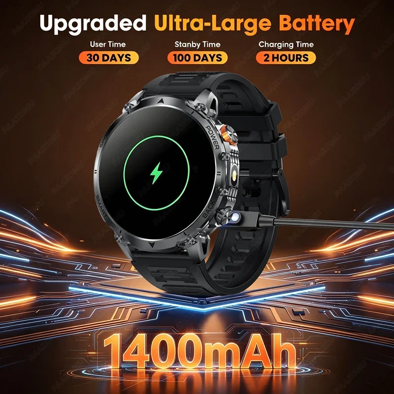 2026 Men's Rugged Smart Watch 1400mAh Battery 1.7" HD Display Bluetooth Call 10ATM Waterproof Heart Rate Fitness Tracker Sport S view 2