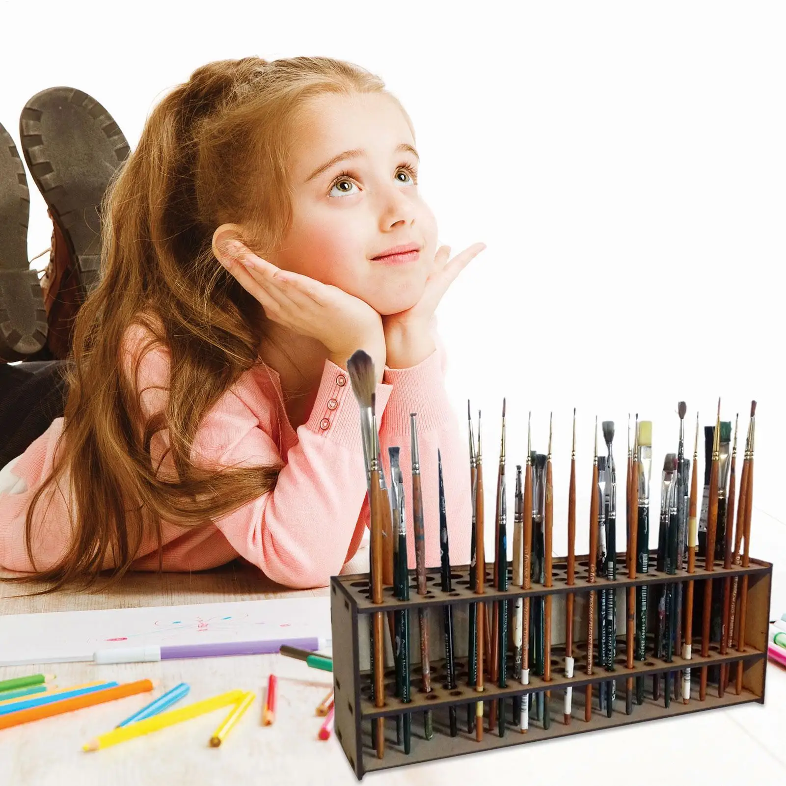 67 Holes Paintbrush Holder Wall Mount Paintbrush Stand Wooden Watercolor Brush Holder Brush Display Desk Organizer