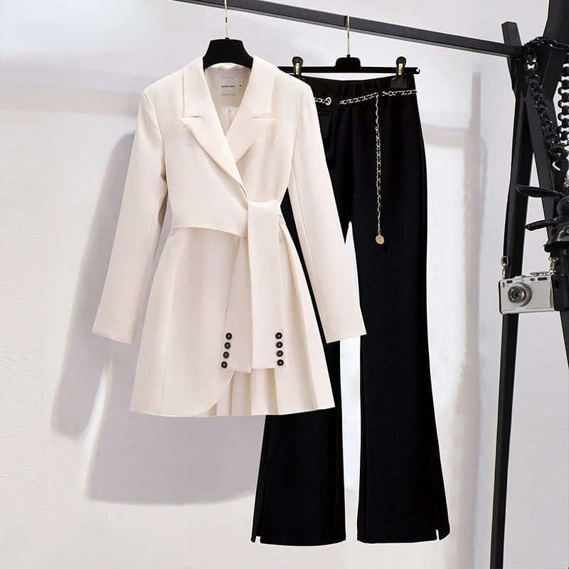 Autumn New Long Sleeved Trousers Lapel Leisure Suit Elegant Button Belt Decorative Women\'s Coat Pants Two-piece Set N493