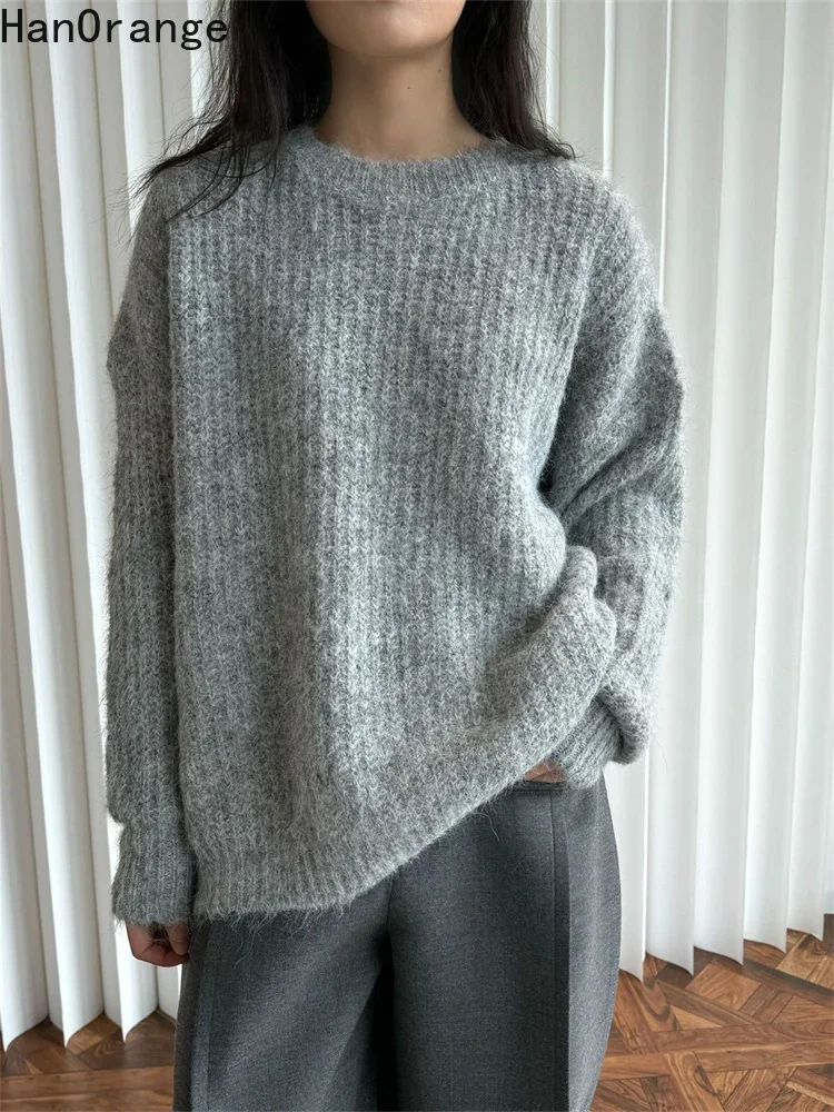 HanOrange 2024 Early Spring Lazy Soft Mist Wool Sweater Women Soft Fluffy Loose Silhouette Top Light Gray/Dark Coffee