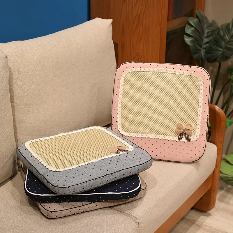 Kawaii Summer Cooling Rattan Seat Pad Square Polka Dot Fabric Cover White Lace Edge Handmade Bow Decor for gifts.