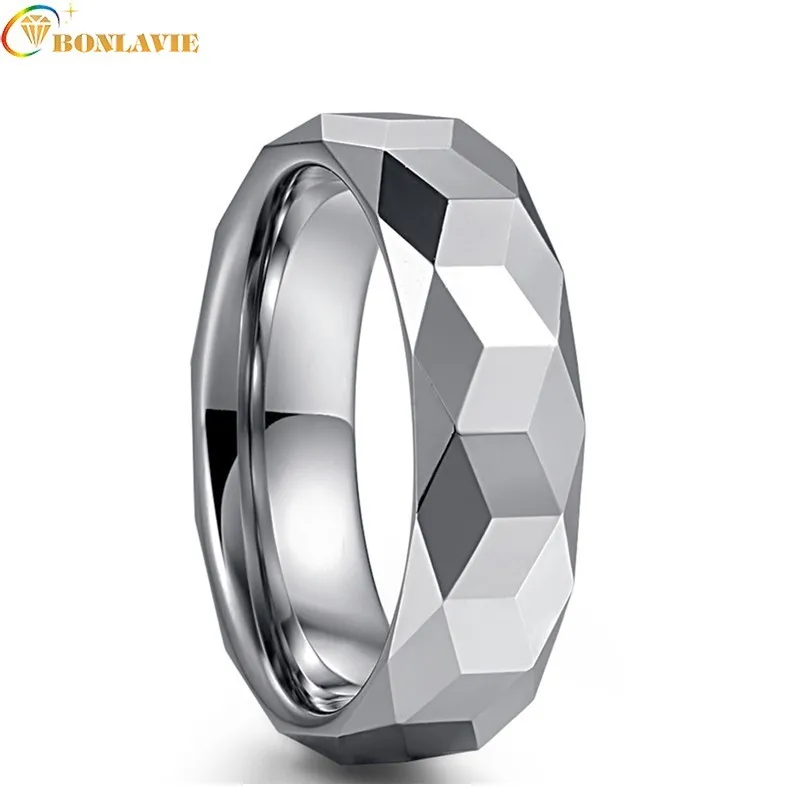 BONLAVIE 6mm Tungsten Carbide Steel Ring Silver Color Polishing 3D Geometry Triangle Cool Punk Engagement Men's Gift Jewelry