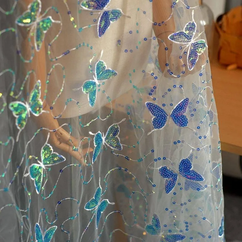 

1.5M Wide, New Exquisite Sequin Butterfly Embroidery Lace Fabric Mesh Handmade DIY Wedding Dress, Clothing Decoration Materials