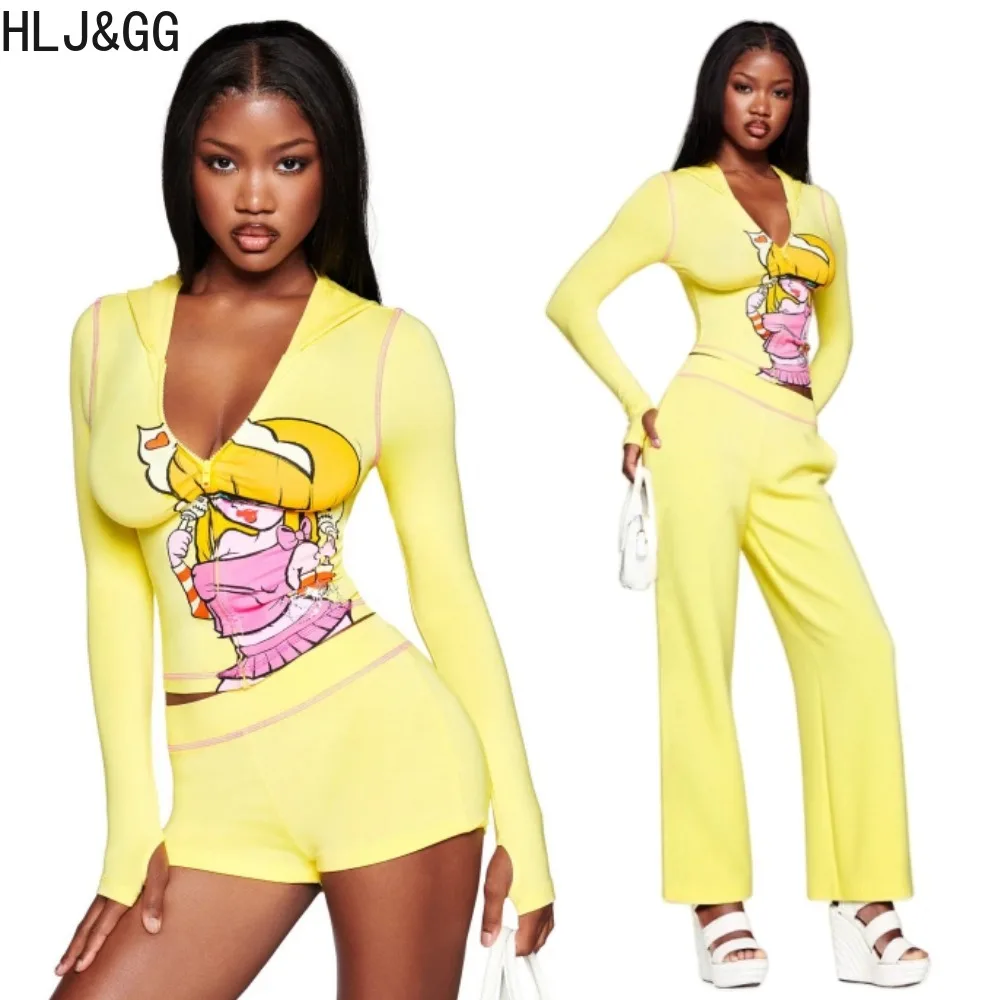 

HLJ&GG Yellow Fashion Pattern Printing Hooded Two Piece Sets Women Zipper Long Sleeve Slim Crop Top And Pants Outfits Streetwear