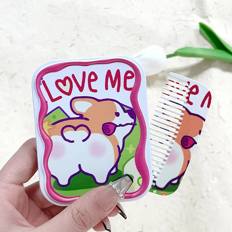 Cartoon Corgi Mini Folding Makeup Mirror With Comb Cute Puppy Portable Handheld Makeup Mirror For Women Girls