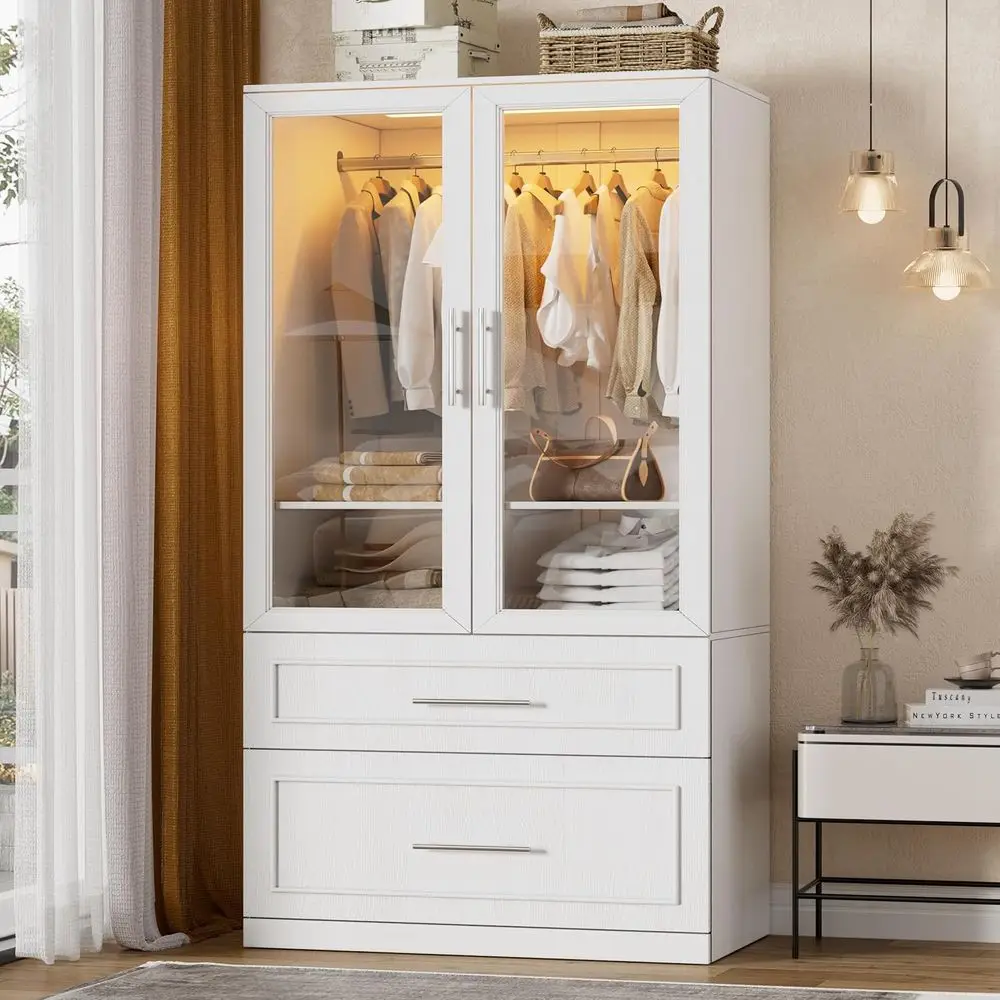 

71 White Wooden Freestanding Armoire with Glass Doors, LED Lights, and Hanging Rod for Bedroom Storage