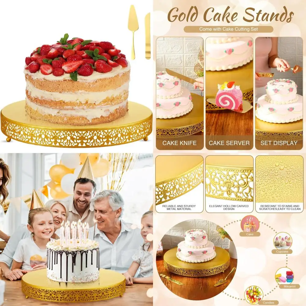 

18-дюймовая золотая металлическая круглая подставка для торта с дисплеем для кексов, инструментами для резки и сервировки