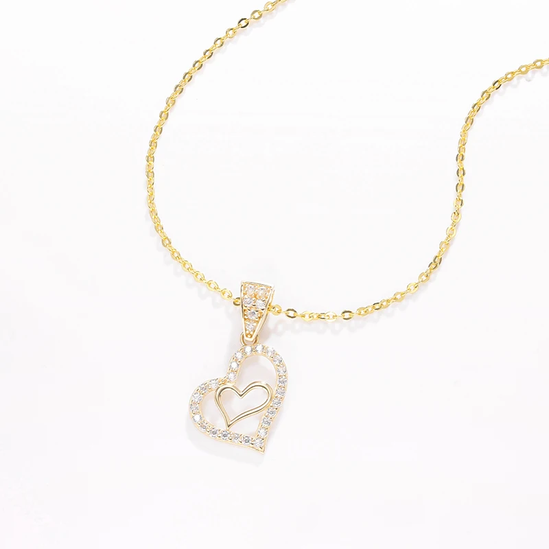 

Raprgold 14K Solid Gold Cubic Zirconia Heart Pendant with 925 Silver Link Chain 20'' Double Heart Necklace For Women