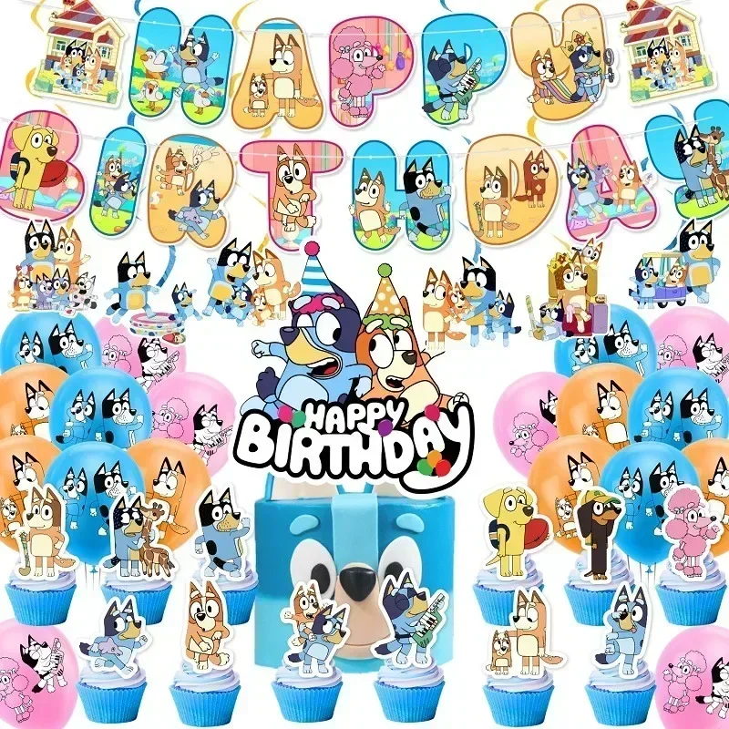 

Cartoon Blueys Theme Happy Birthday Party Set Decorations Latex Balloons Banner Flag Cake Toppers Party Supplies