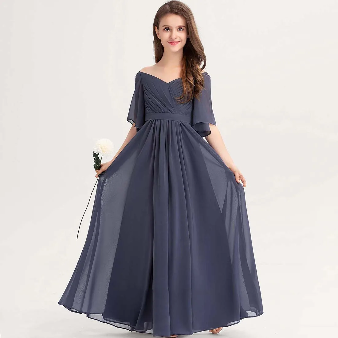 YZYmanualroom Chiffon Junior Bridesmaid Dress With Bow A-line Off the Shoulder Floor-Length 2-15T