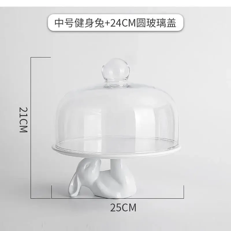 Nordic Cute Rabbit Cake Dish Ceramic Fruit Platter Dessert Glass Cover Simple Household Birthday Party Wedding Supplies
