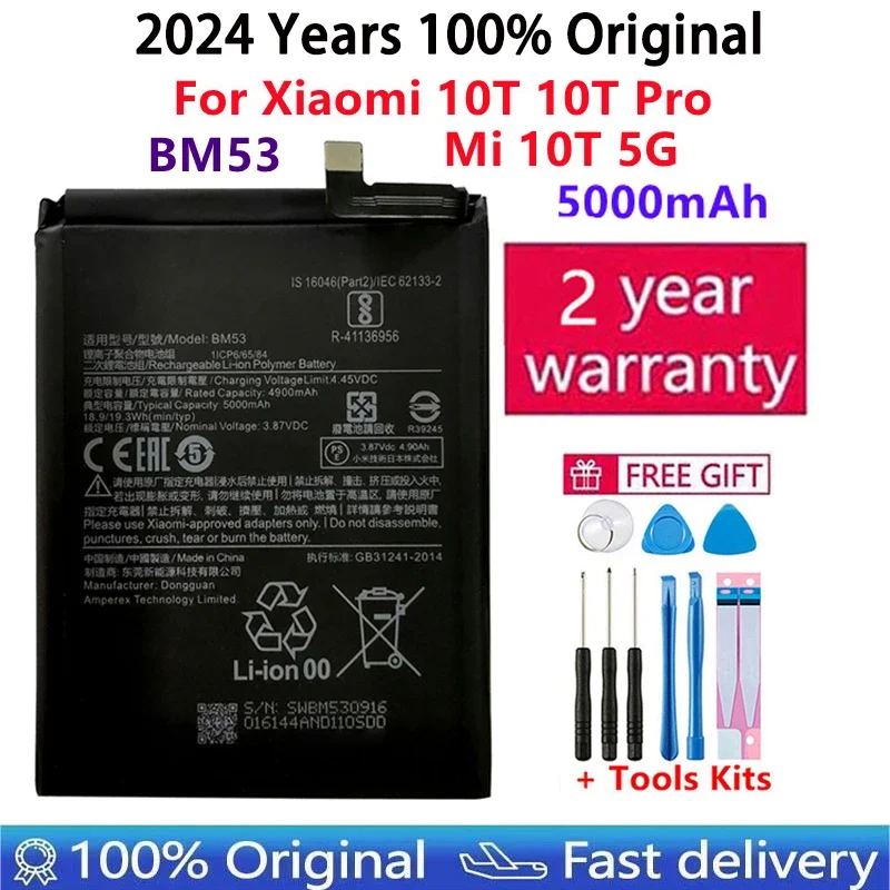 

2024 Years 100% Original High Qulity Replacement Phone Battery For Xiaomi Mi 10T 10T Pro 5000mAh BM53 Batteries Bateria