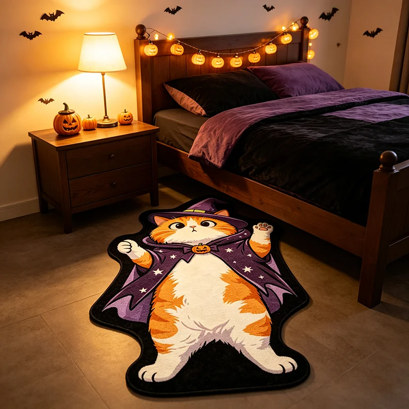 VIKAMA Halloween Wizard Orange Cat Irregular Bath Mat Non Slip Water Absorbent Bedroom Entrance Holiday Home Decor Rug