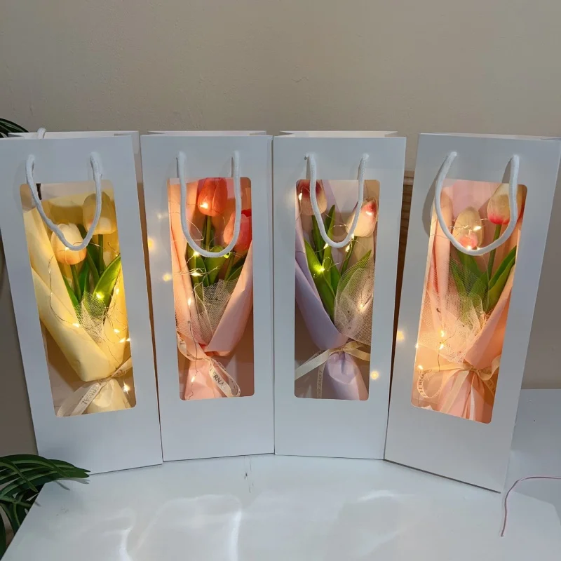 Flowers Puff With Light Strings Handmade Teacher's Day Valentine's Day Gift  Creative Hand-held Tulip Bouquet Flowers Crochet