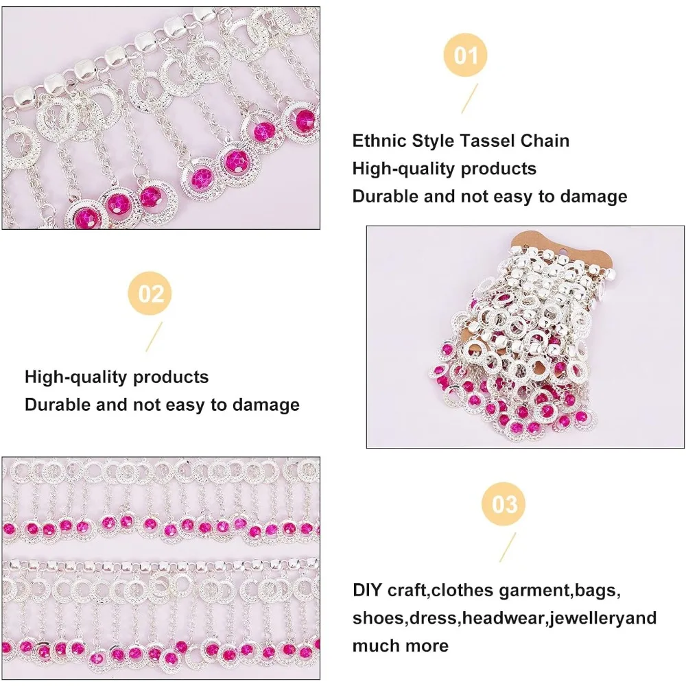 Ethnic Style Tassel Chain Iron Link Chains with Flat Round Glass Charms Unwelded Silver Camellia 8.5x4.5mm