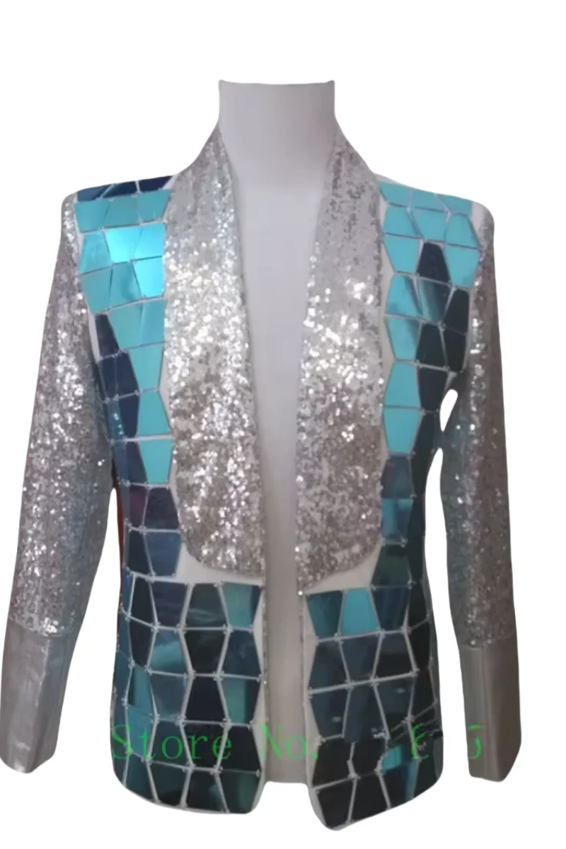 Handmade Men's Silver Sequins Mirrors Len Jacket Nightclub Bar DJ Male Singer Dancer Suit Jacket Stage Show Performance Blazer