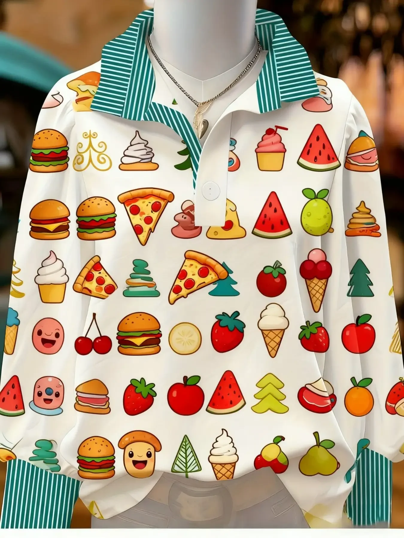 

Women's Plus Size Long Sleeve Stand Collar Shirt with Creative Print for Spring, Perfect for Vacation Travel