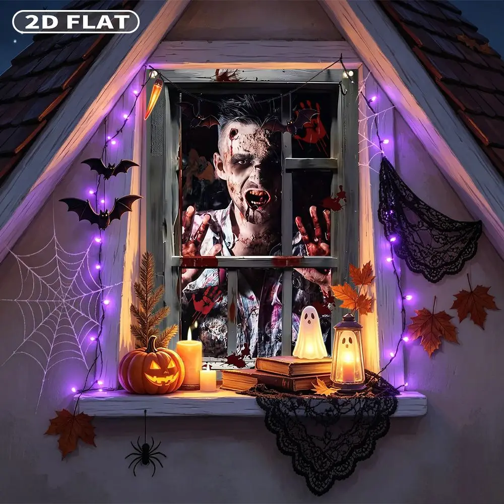 2D FLAT 1pc Party Window Cover Banner, with Zombie Face Pressing Against Bloody Window Glass, No Power Need Home Decor