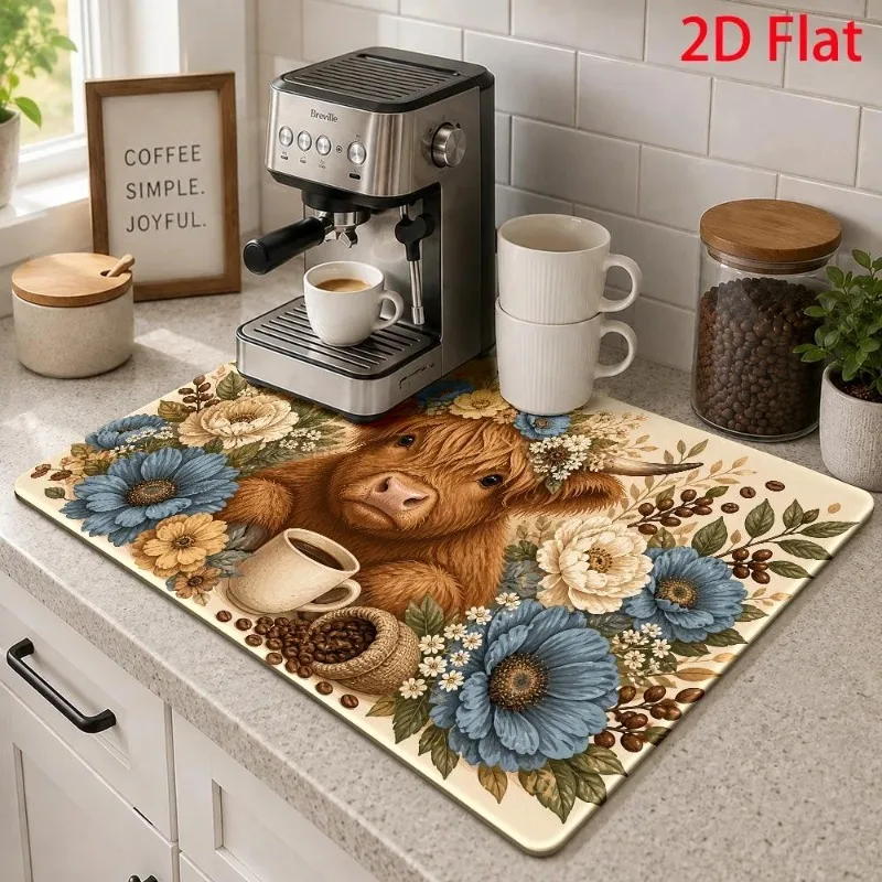 Super Absorbent Mat 2D Flat Highland Cow Cattle Pad Dish Drying Cushion Botanical Blue Flower Tableware Placement Mat