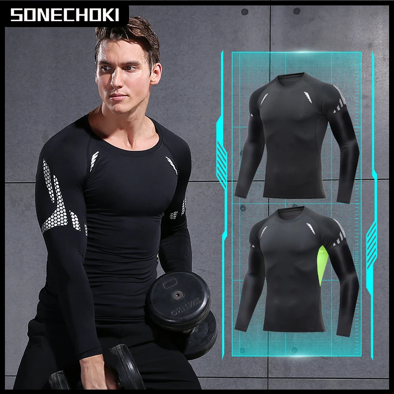 Compression Shirt Men Long Sleeve Printing Sportswear for Men Gym Clothing Running Fitness Training Workout Muscle Top Male