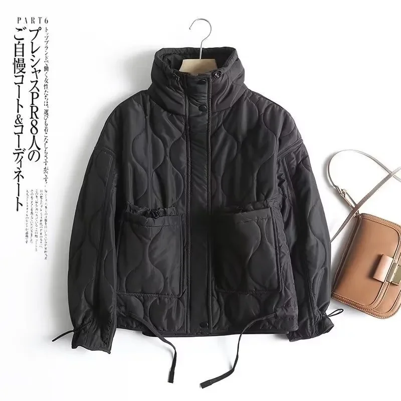 Chaqueta de algodón cálida a la moda para mujer, chaqueta acolchada Vintage con cuello levantado y bolsillos grandes, cremallera frontal de manga larga con botones